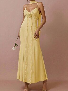 Yellow Sexy Women's Adjustable Strap Flowery Decor Waist Cinched Long Dress